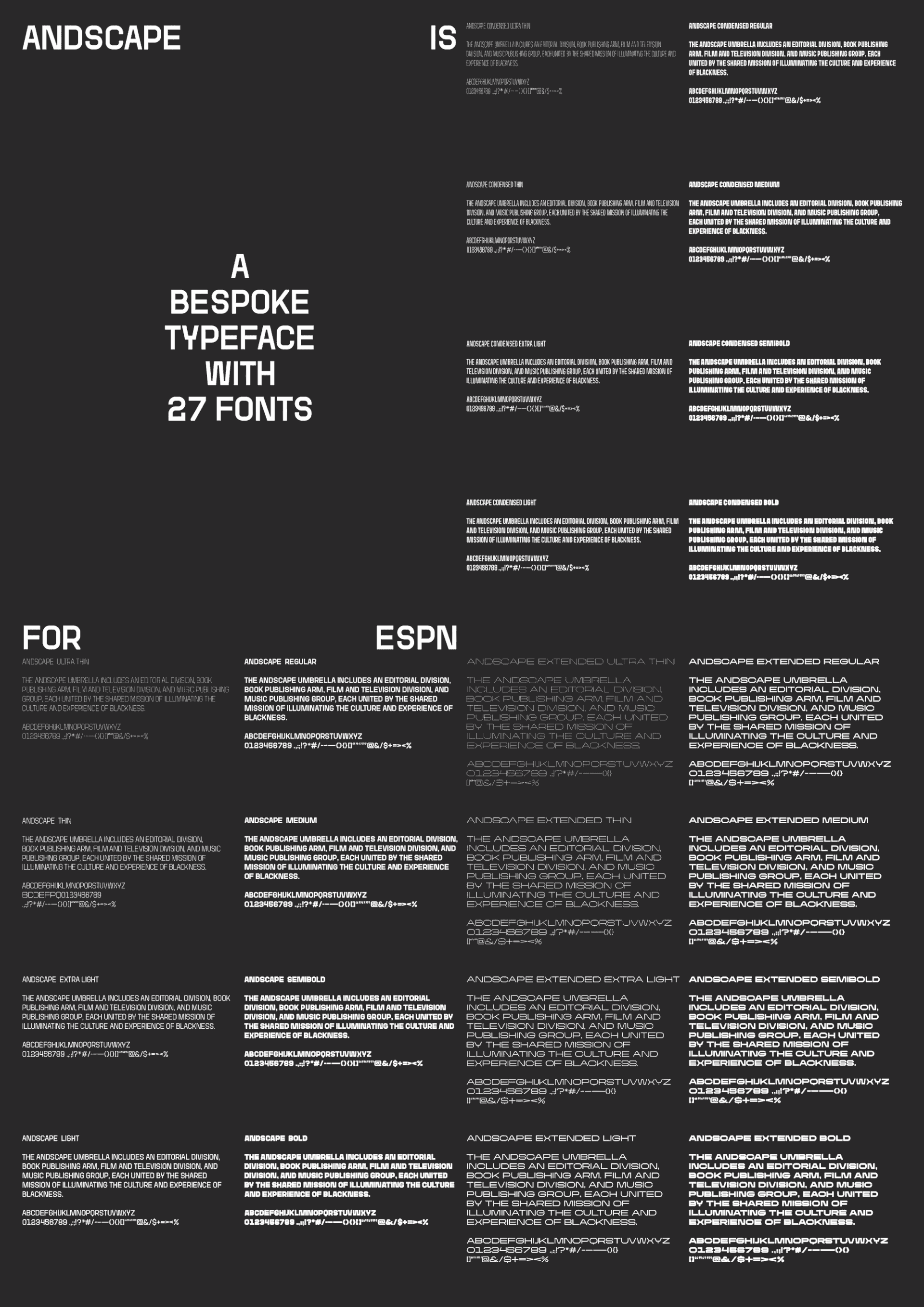 Complete 27-weight font specimen sheet of Andscape typography design for ESPN