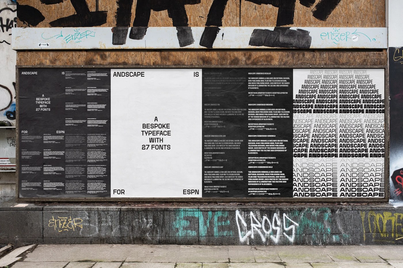 Billboard specimen on weathered urban wall showing Andscape typography design weights