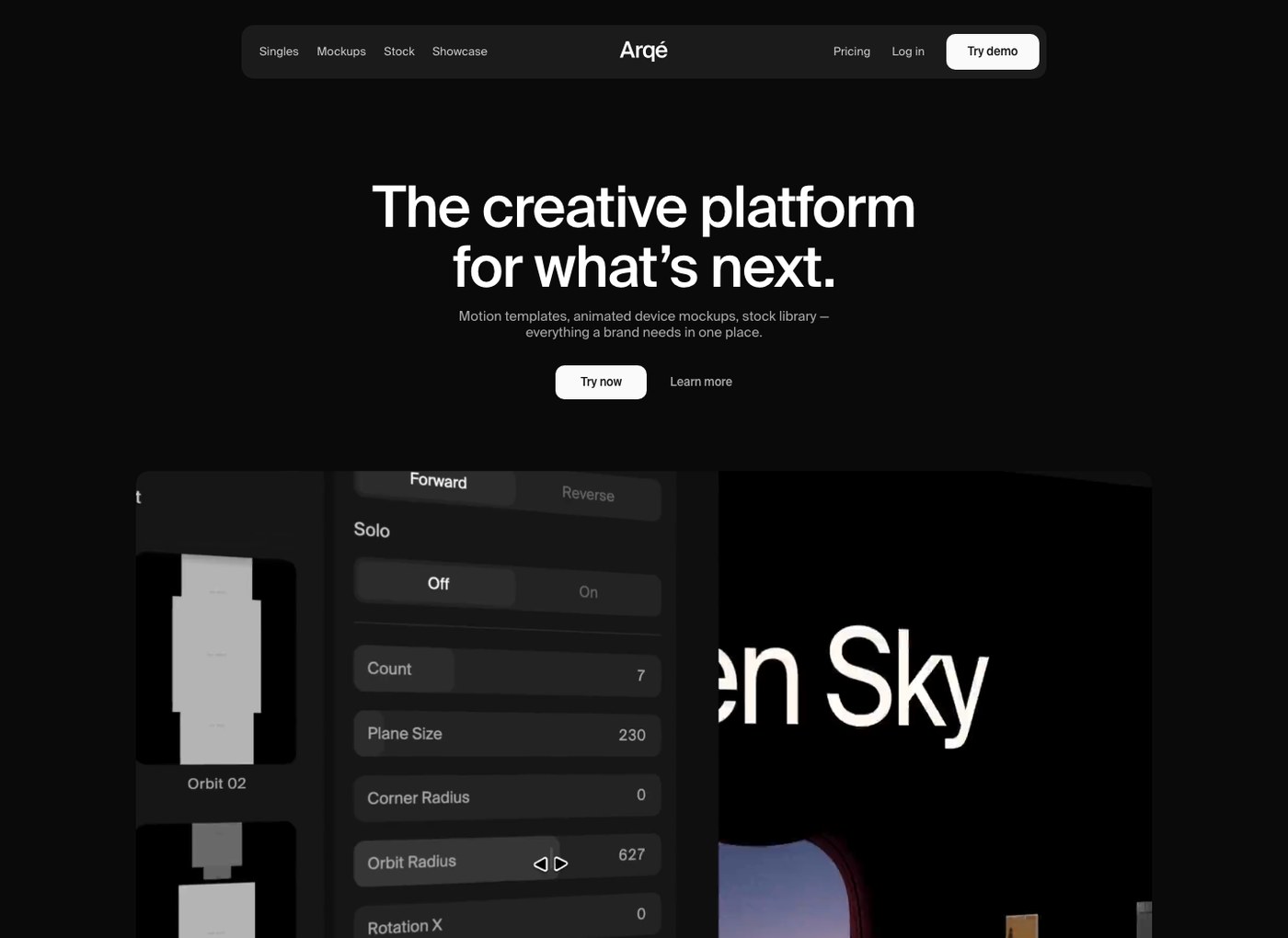 Arqé motion design platform landing interface overview