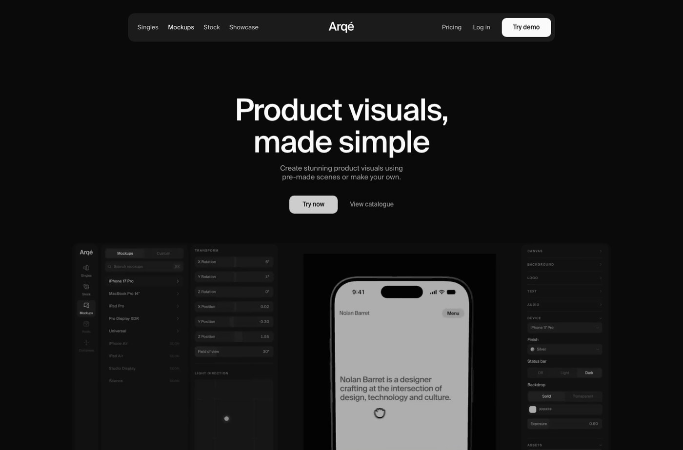 Arqé motion design platform 3D animated device mockups controls