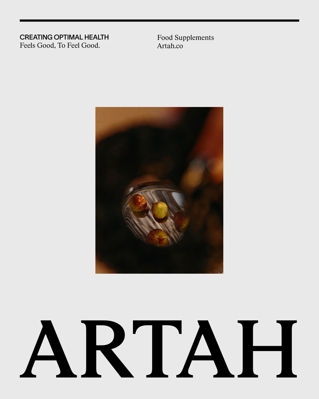 Editorial art direction layout with water droplet reflecting figs and bold serif Artah wordmark in branding design