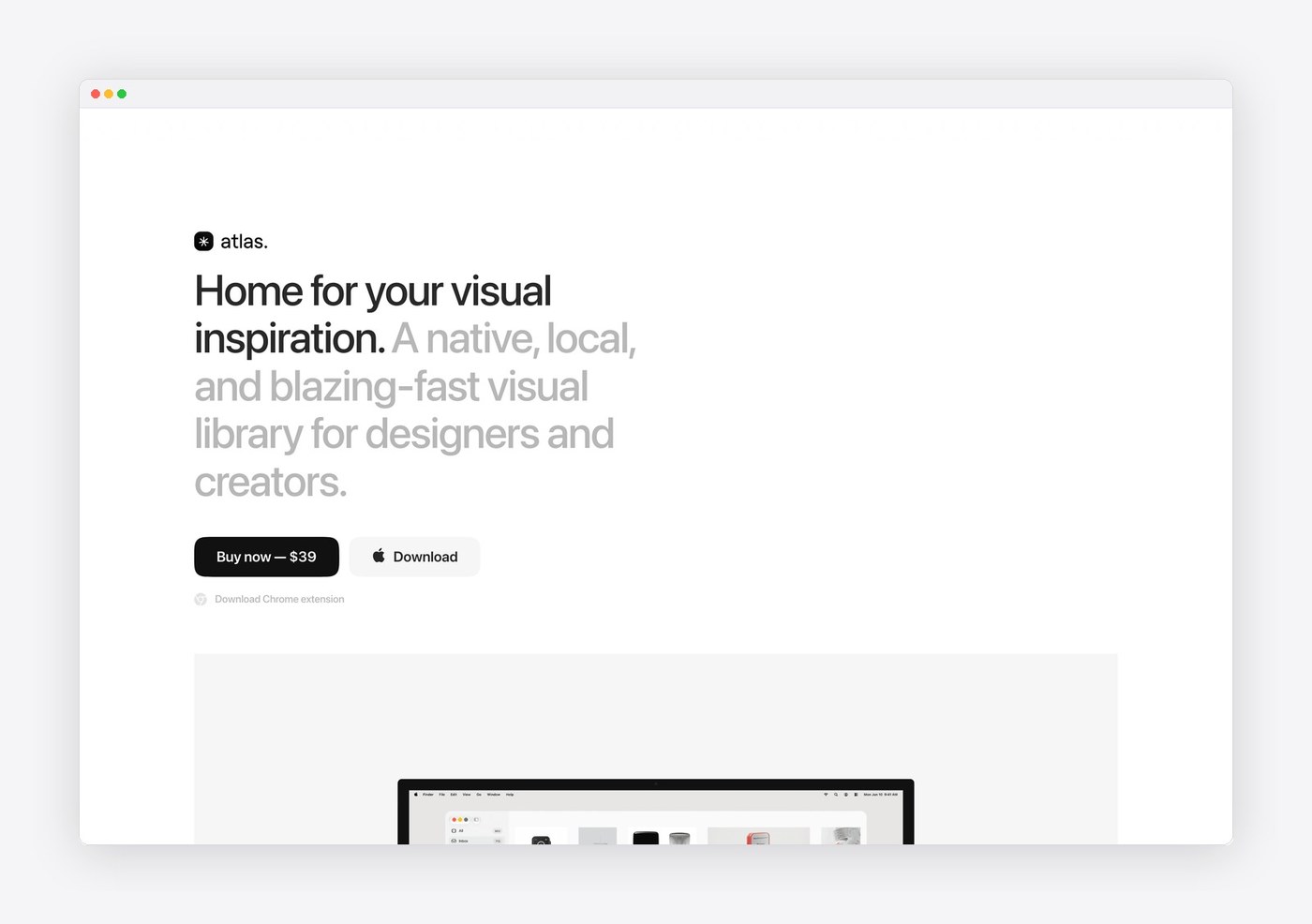 Atlas for Mac web design hero with grotesque typography and Apple Studio Display setup