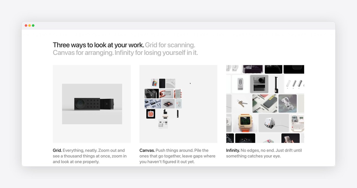 Three interaction views in Atlas web design: Grid, Canvas, and Infinity moodboards