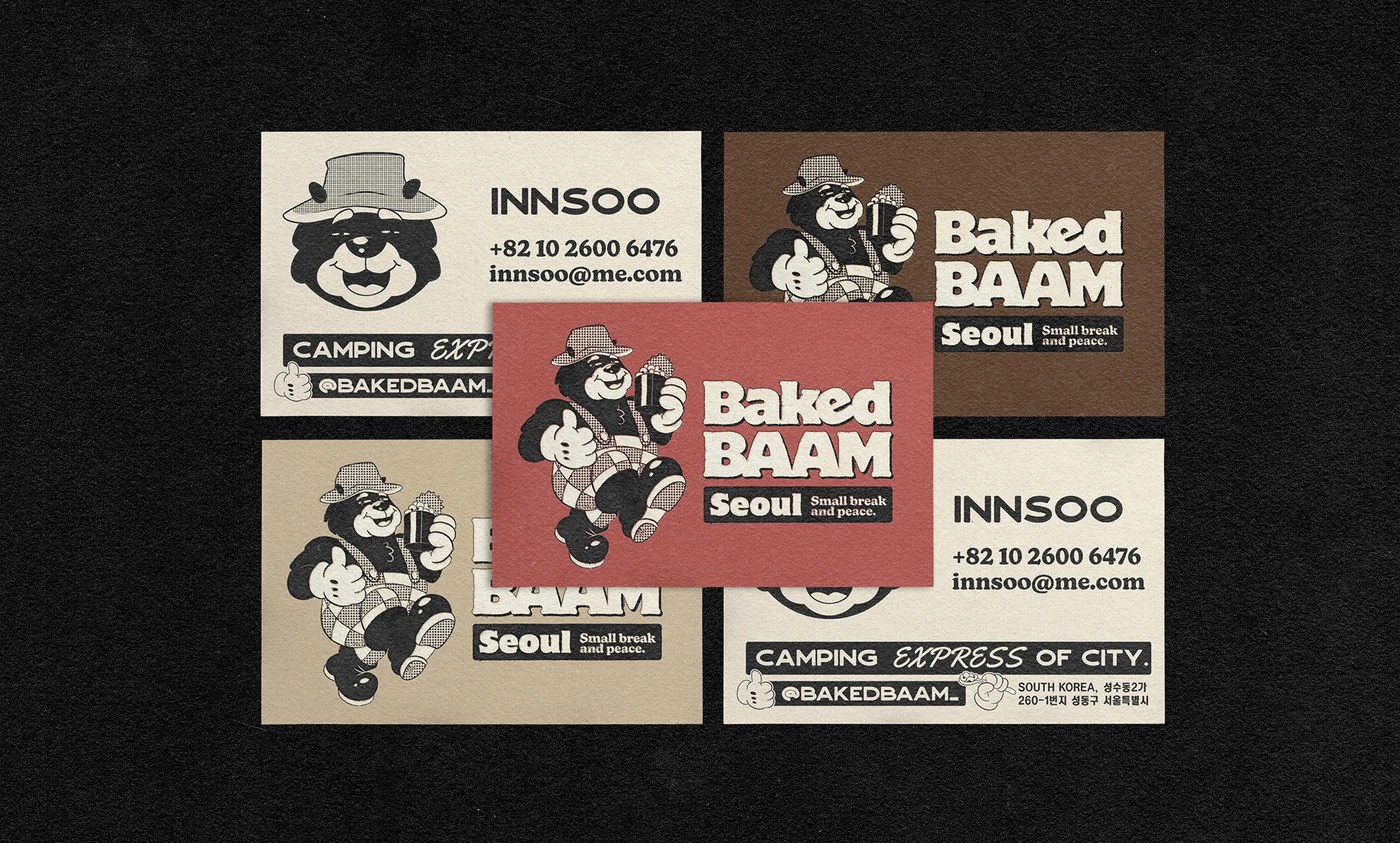 Baked Baam graphic poster showing clean typographic alignment and camping hostel information - bakery packaging design by Monga Design