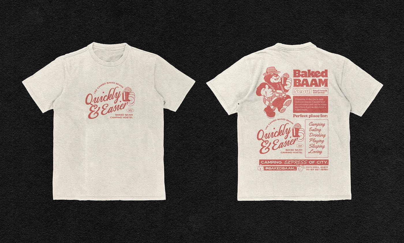 White graphic t-shirt featuring Baked Baam visual identity brand illustration and wordmark - bakery packaging design by Monga Design