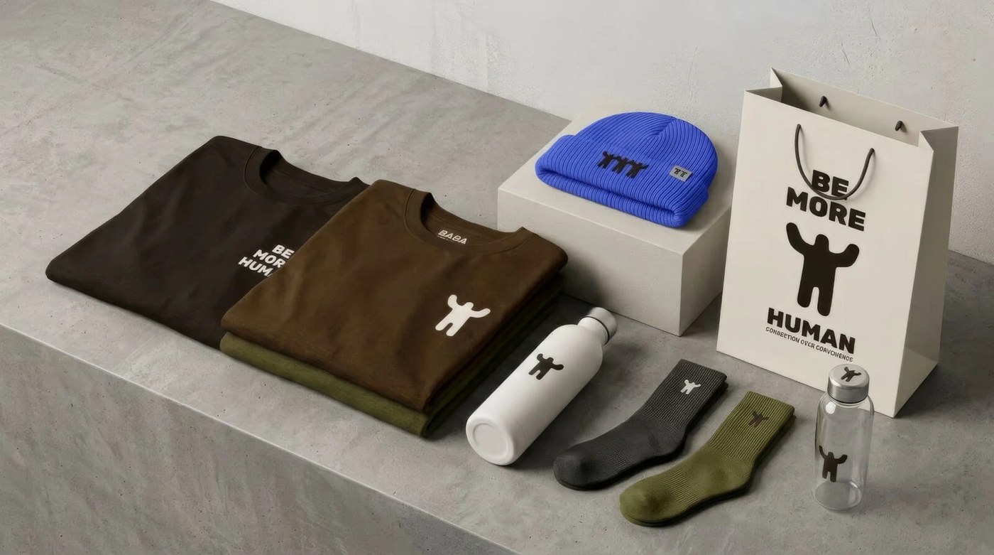 Be More Human apparel brand identity crewneck and garment details by Defy