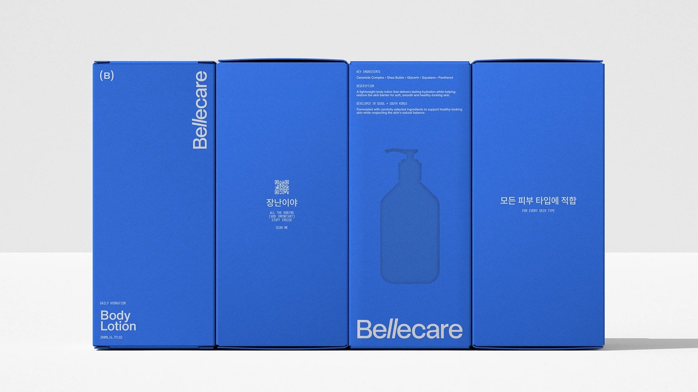 Bellecare brand identity master design system overview with logo wordmark, typography specimen, and packaging carton
