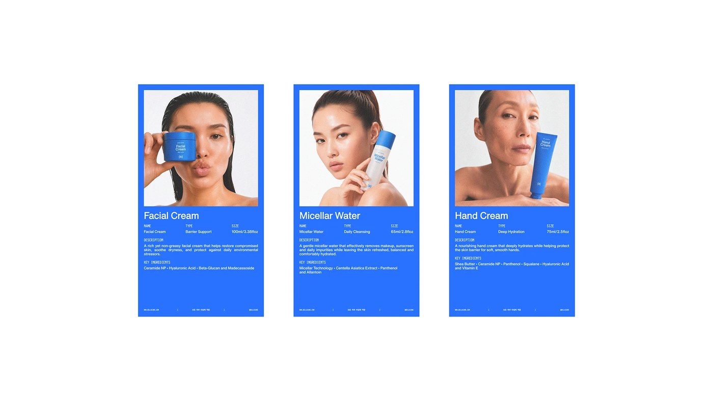 Bellecare digital product specification cards with typography breakdown and key ingredients list