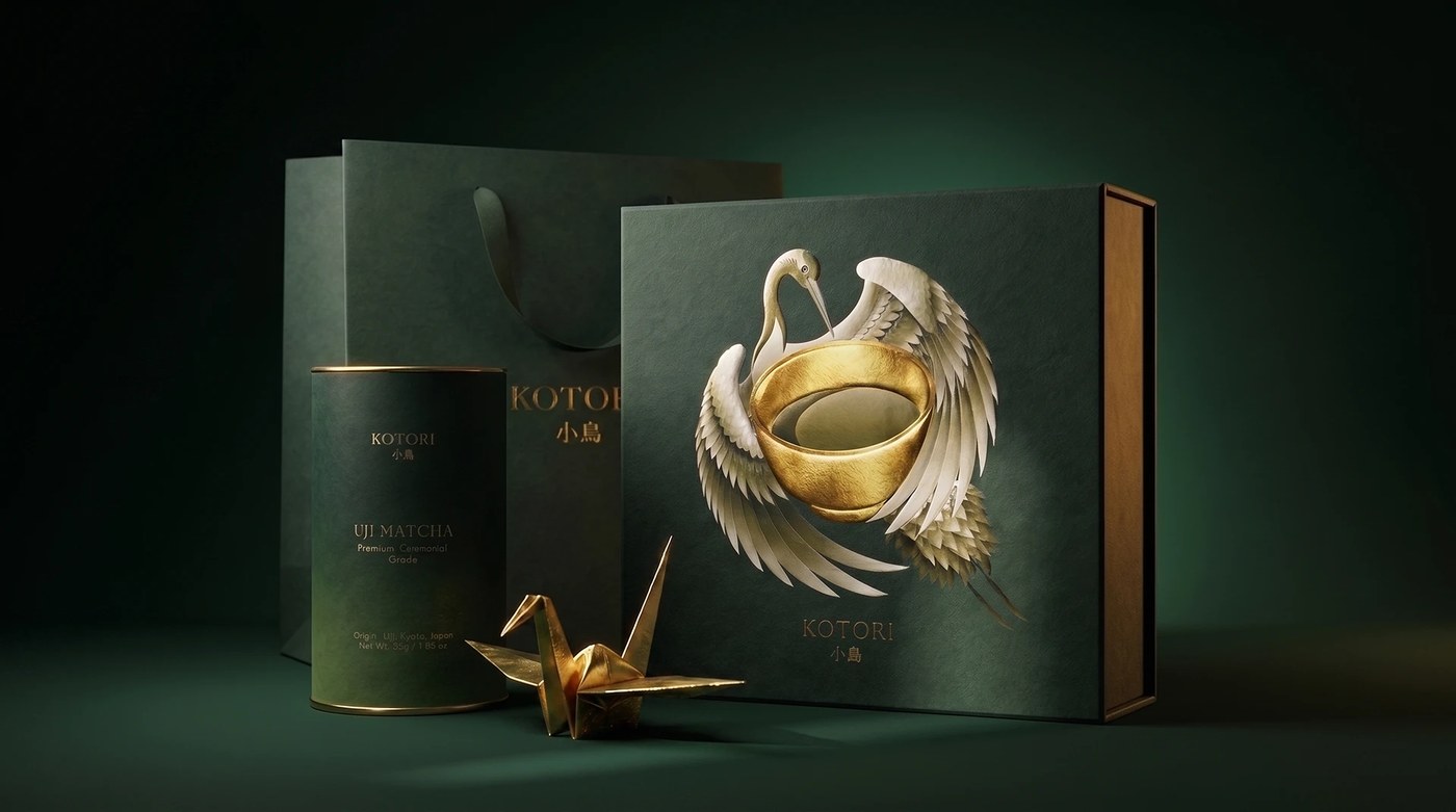 KOTORI Uji Matcha ceremonial packaging design with gold foil and sumi-e by Valeriia Löffler