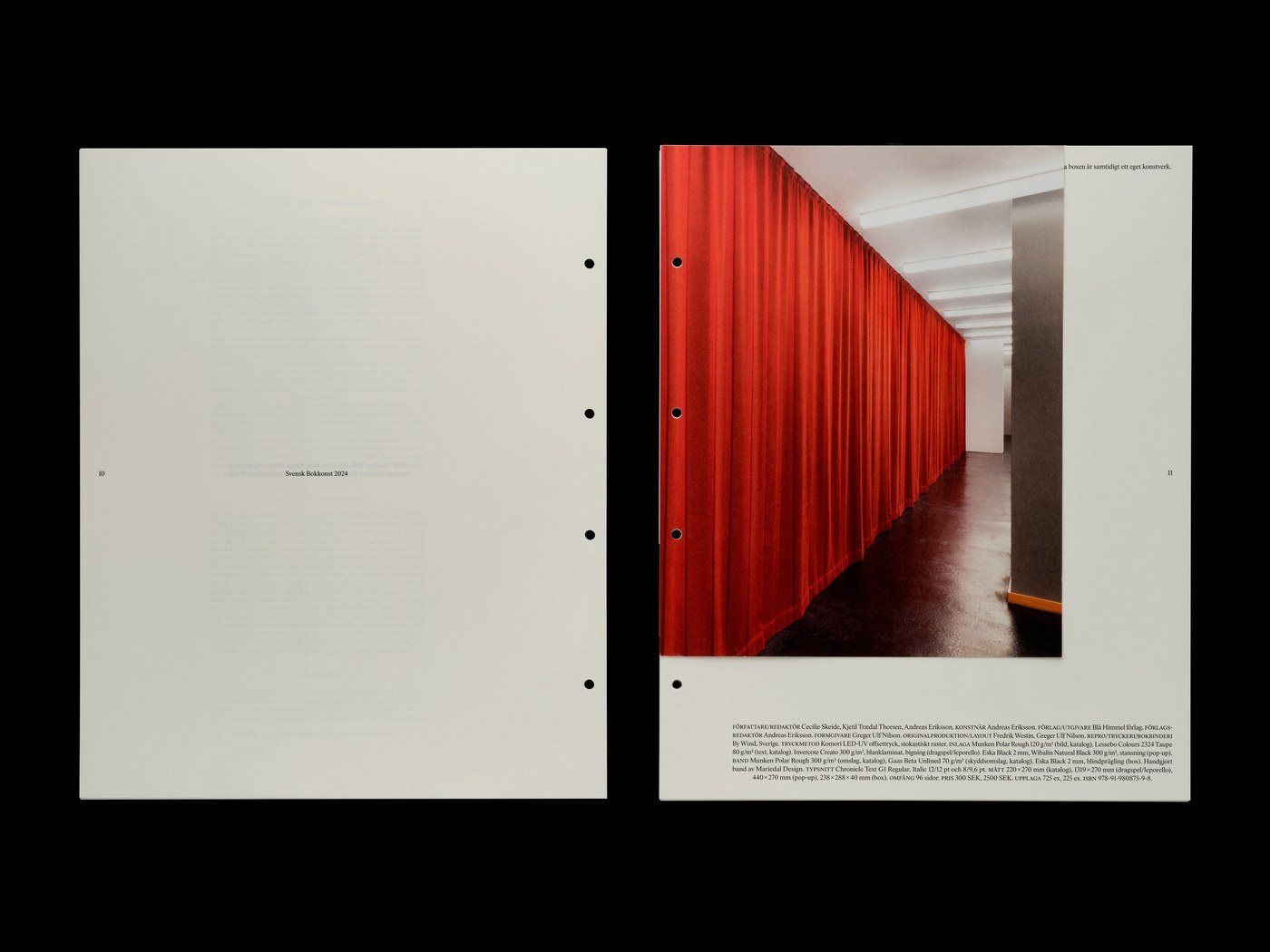 Multiple copies of Svensk Bokkonst catalogue showcasing prong-fastener binding and variable covers in editorial design
