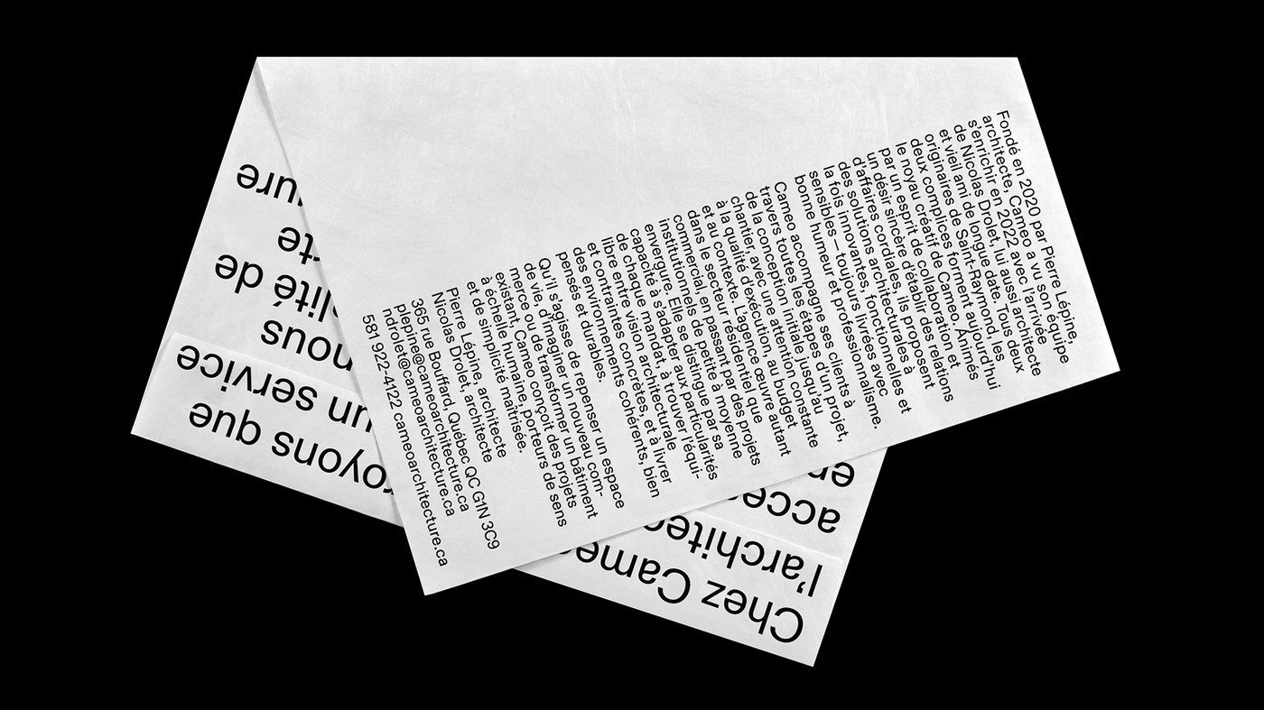 CAMEO brand identity loose leaf project sheet layout and typography