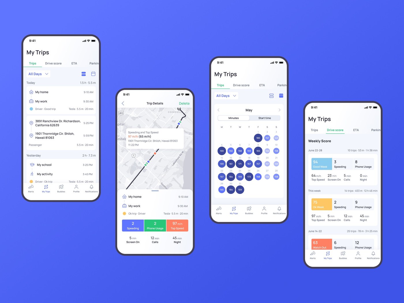 otozen mobile app design ui ux safe driving trip history and logging screens