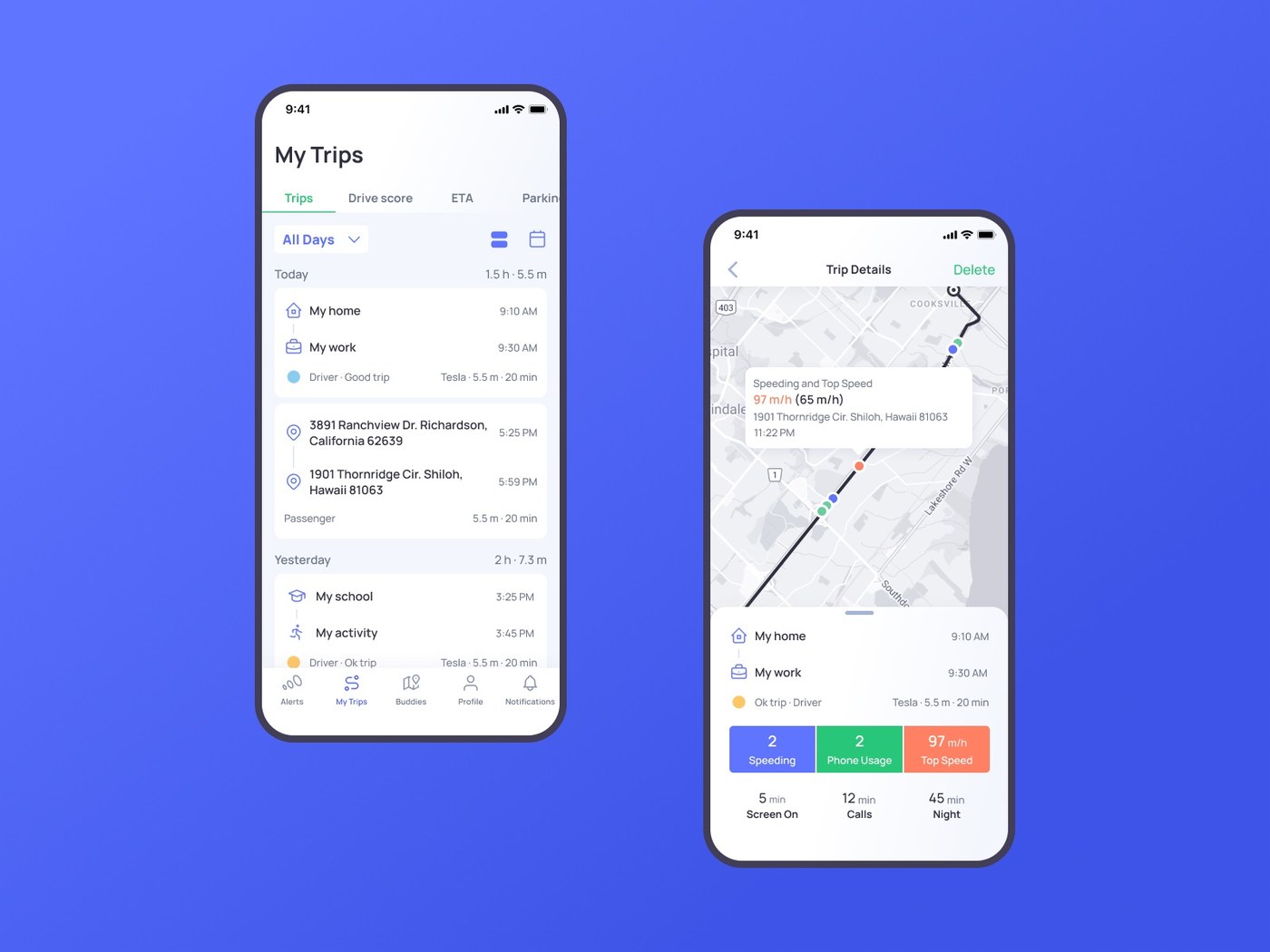 otozen mobile app design ui ux safe driving map integration and route history screens