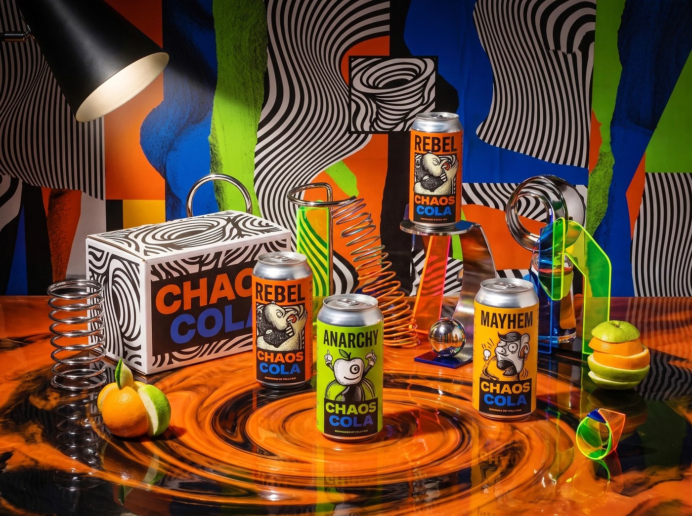 Crown-cap glass bottles and cans in Chaos Cola packaging design