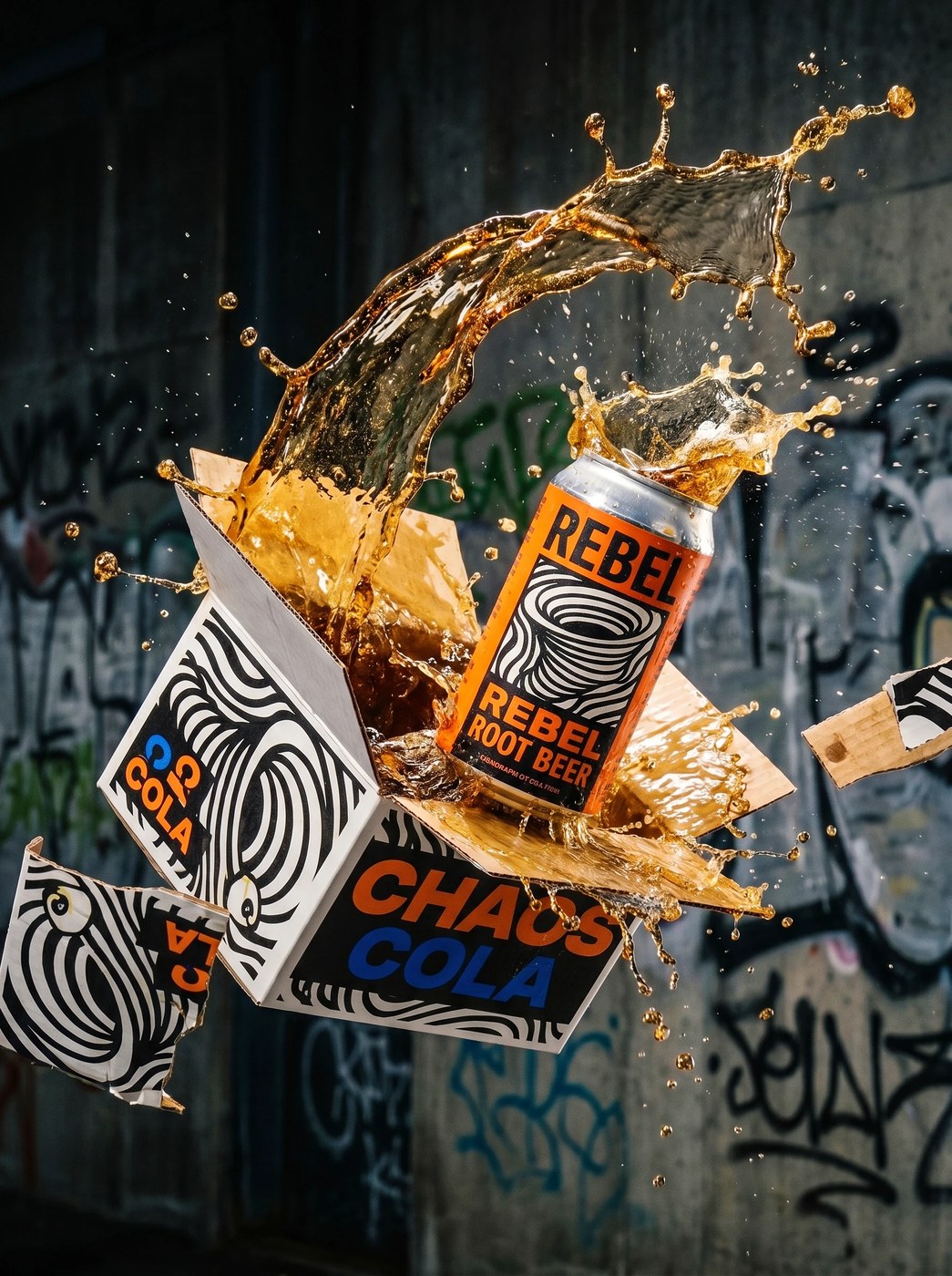 Tactical e-commerce shipping crate in Chaos Cola packaging design