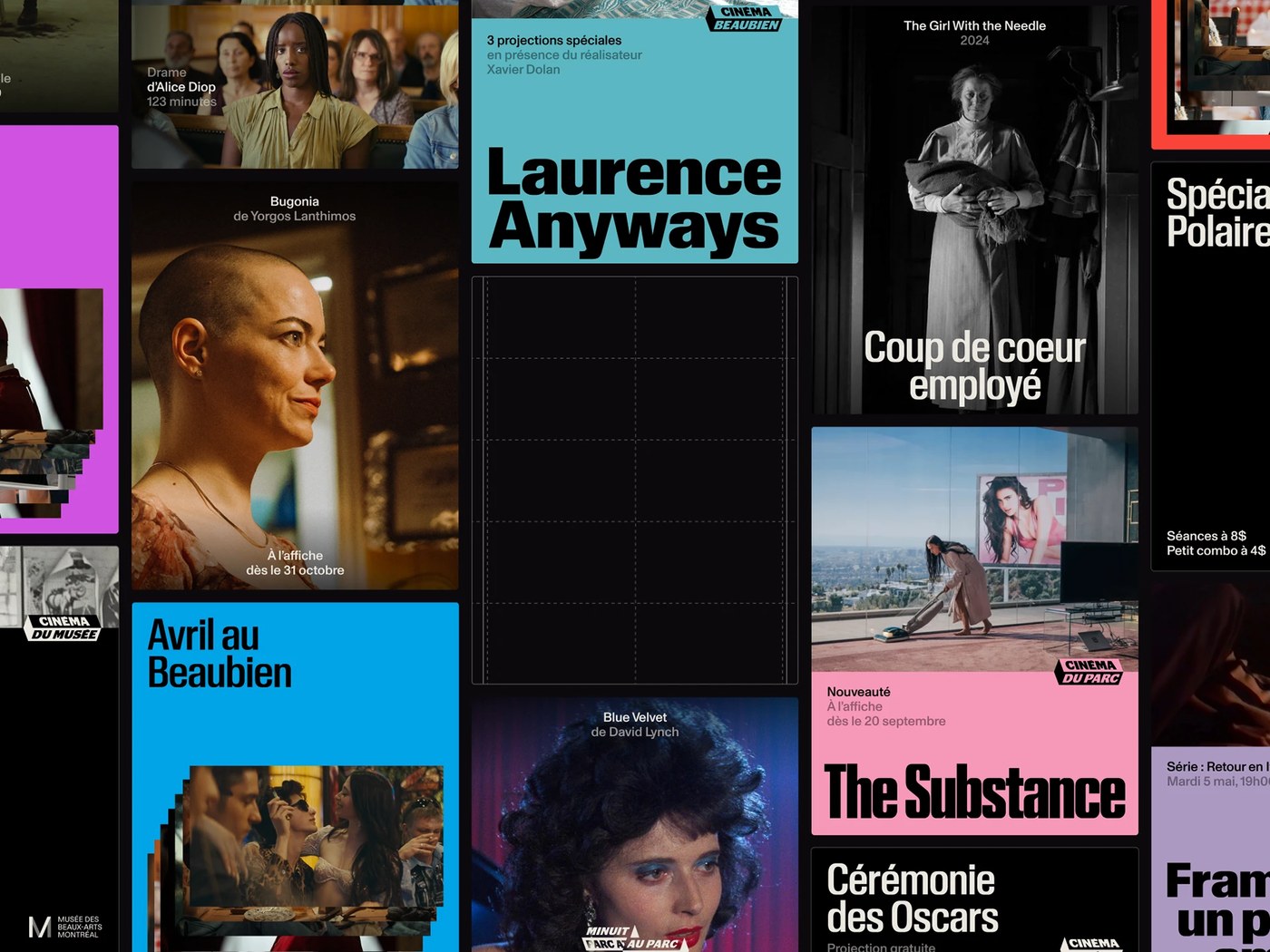 Modular screening calendar and movie programming cards for Cinéma Cinéma by Deux Huit Huit