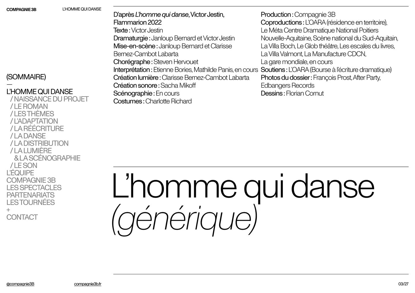 Production credits spread with two-column typography and Sommaire sidebar — editorial design by Florian Cornut