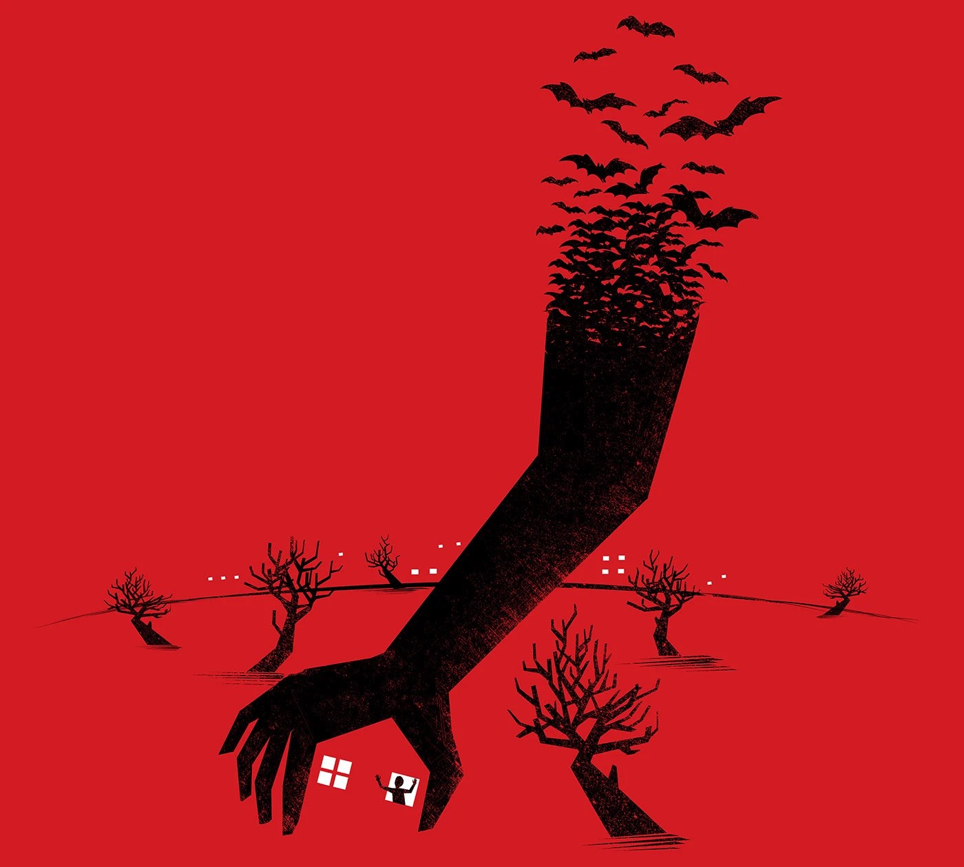 Negative space illustration featuring bird and tree shapes
