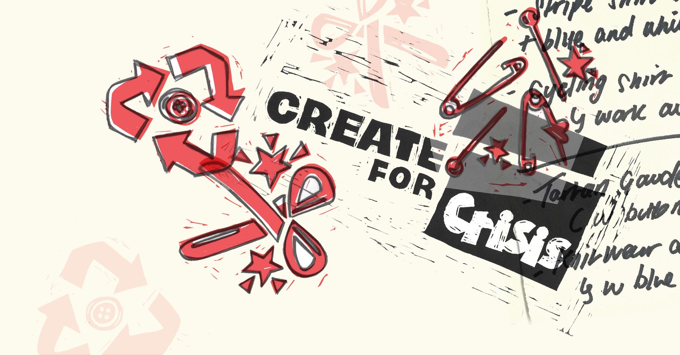Master brand identity design system board for Create for Crisis featuring linocut mark and icons