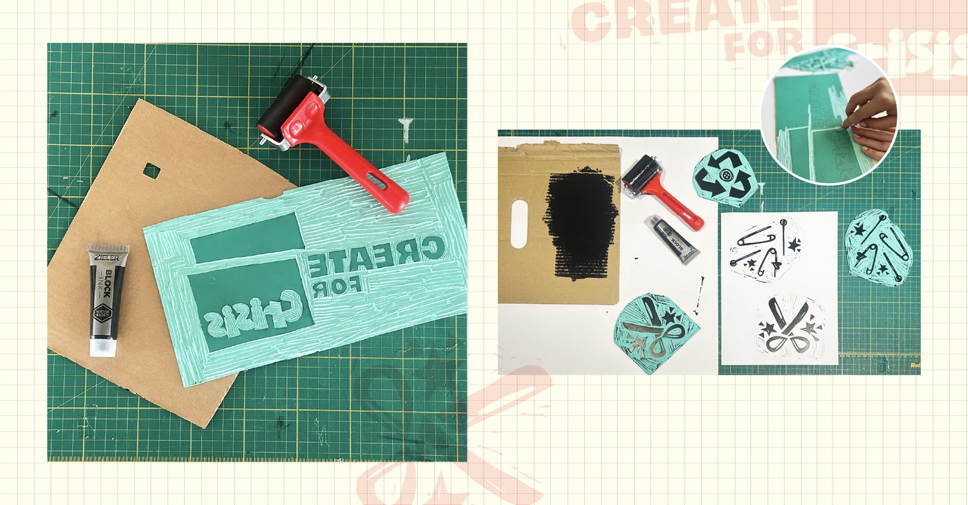 Hand-carved linoleum printing blocks, brayer ink roller, and block printing ink for Create for Crisis brand identity