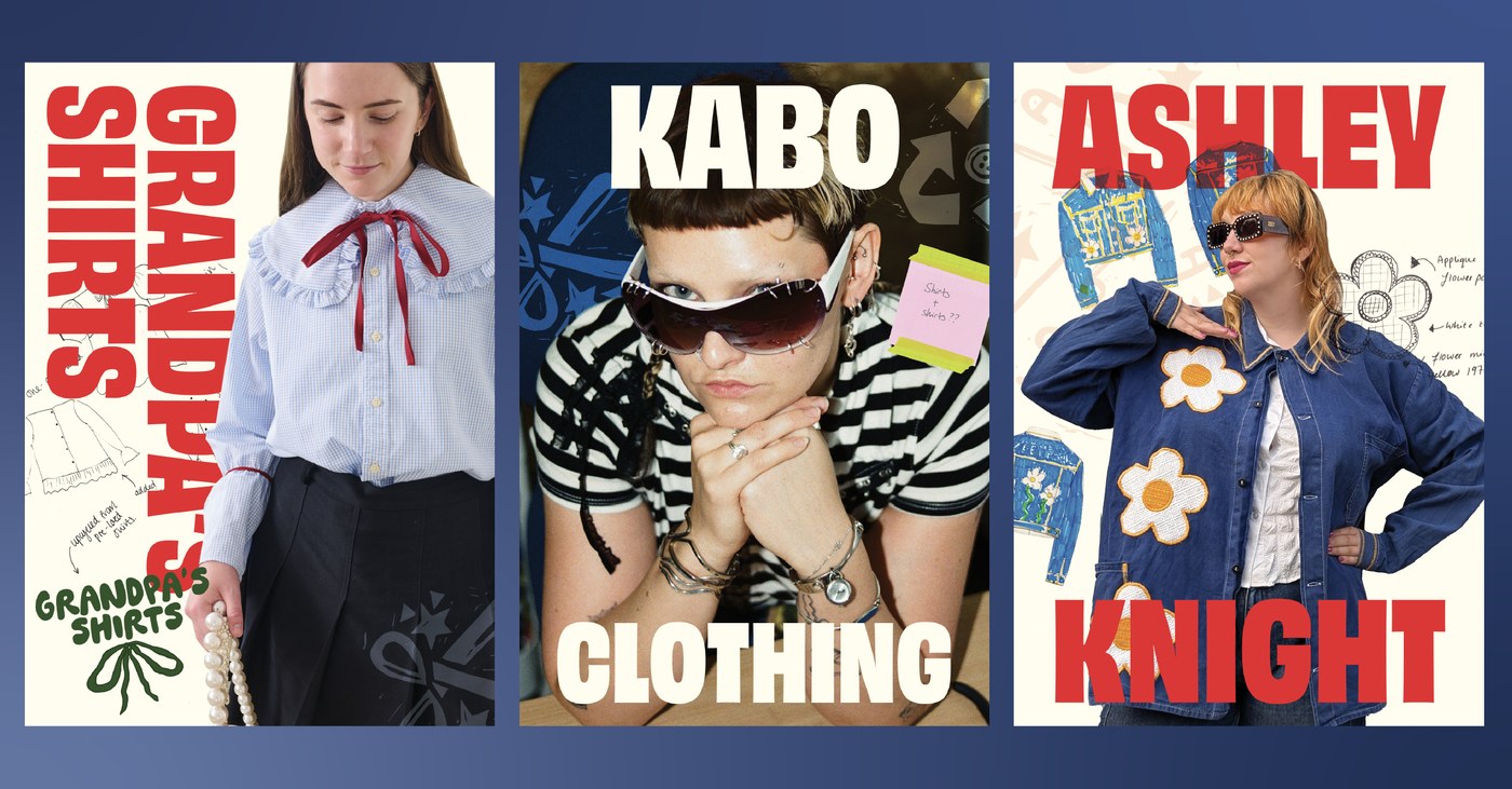 In-store campaign posters and visual identity collateral for Grandpa's Shirts, Kabo Clothing, and Ashley Knight