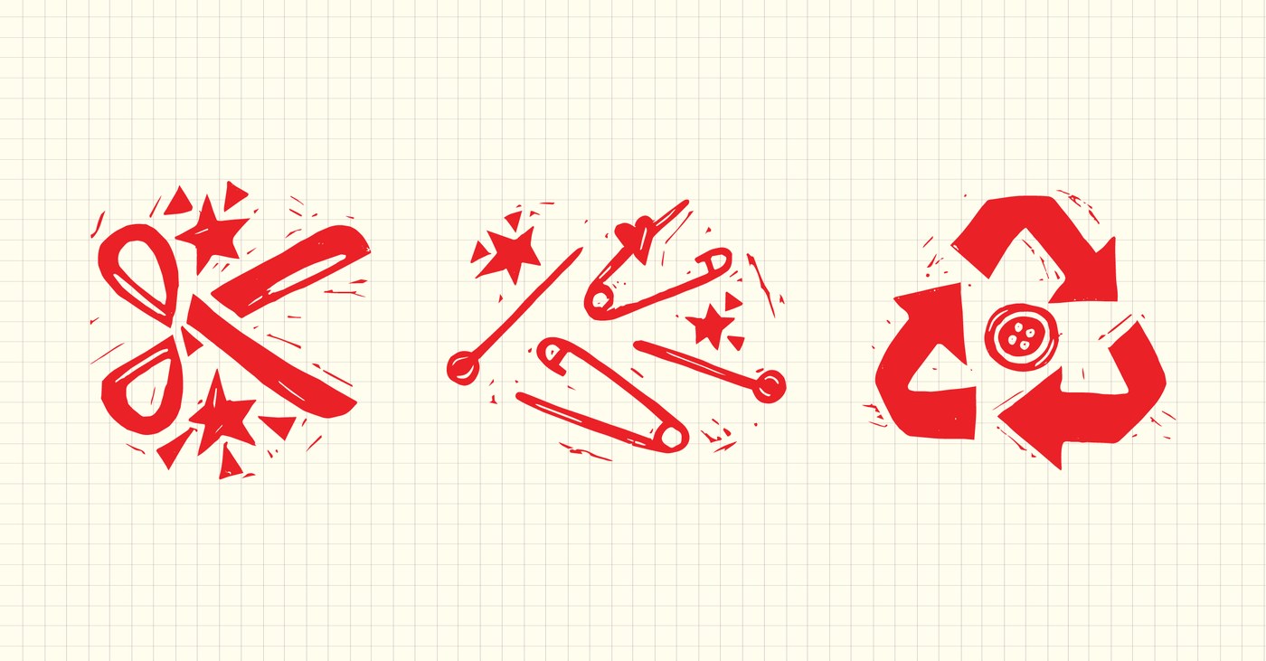 Linocut graphic symbols featuring scissors, pins, and recycling button mark for Create for Crisis brand identity
