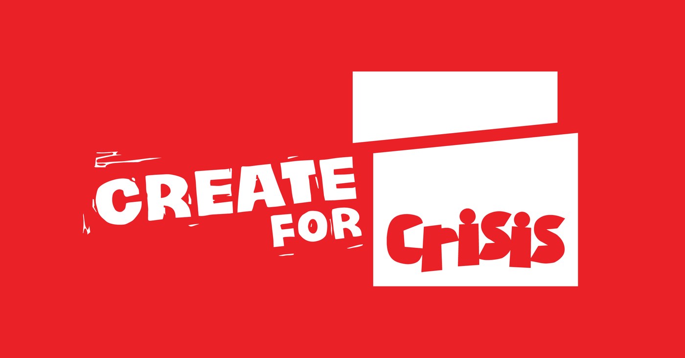 Primary Create for Crisis logo lockup in white on bold crimson red background