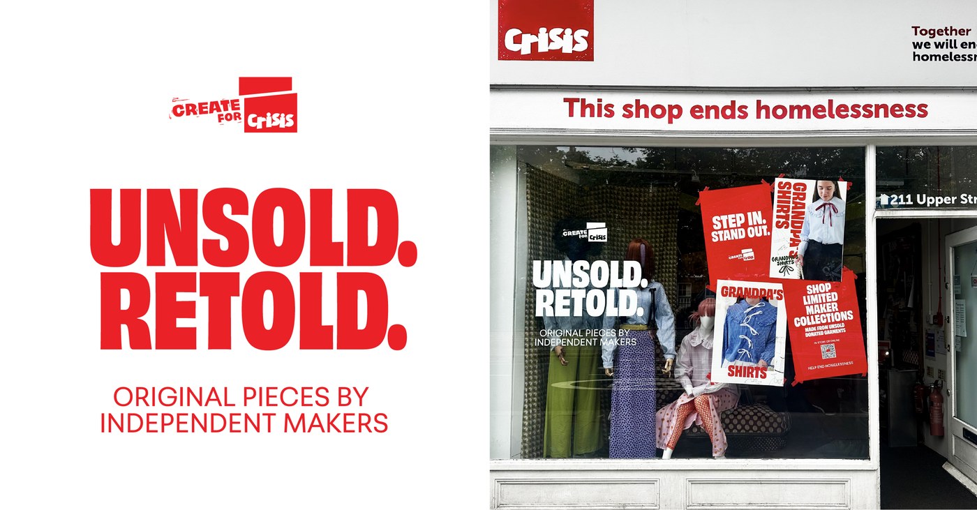 UNSOLD. RETOLD. headline and Crisis charity shop window display installation on Upper Street