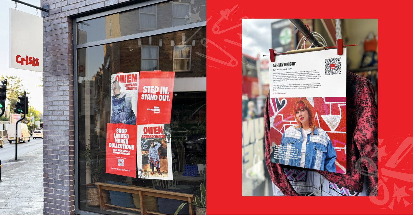 Crisis store exterior and in-store apparel rail board clamped to clothing hanger for maker Ashley Knight