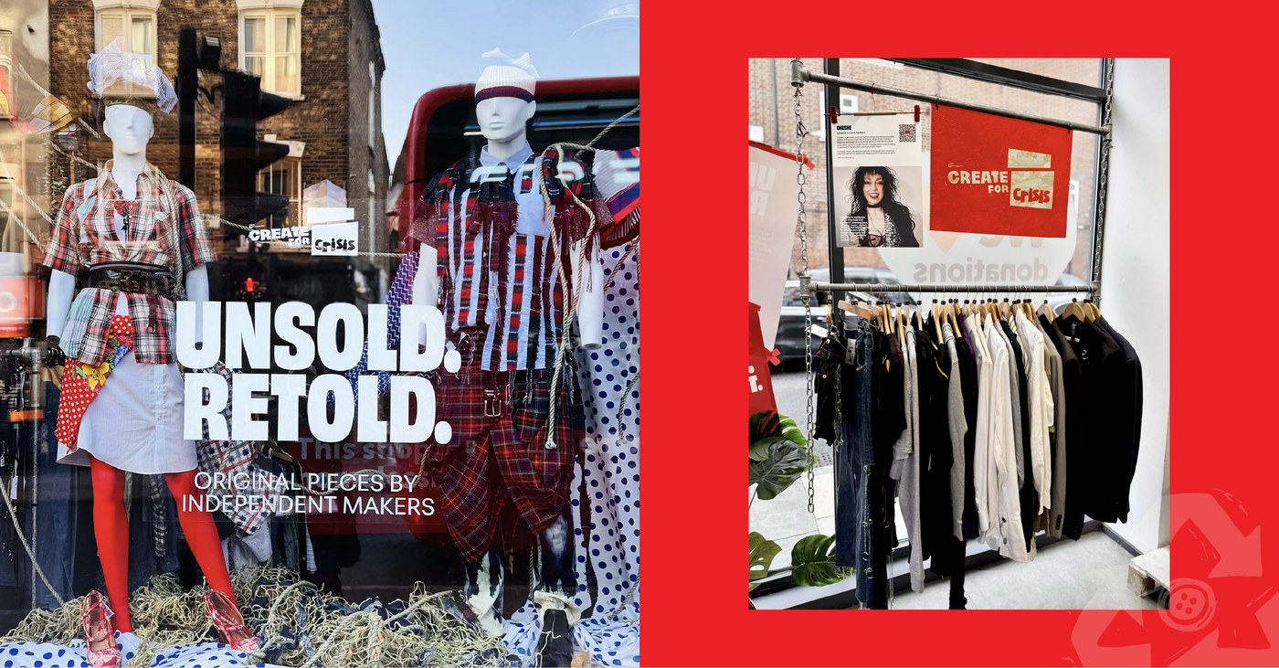 Storefront mannequins styled in upcycled fashion with vinyl window typography and in-store clothing rack