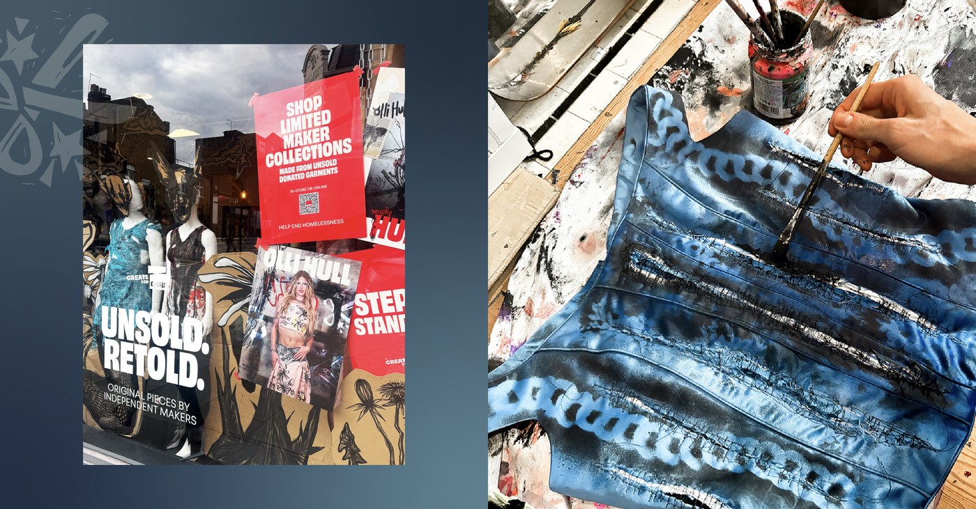 Hand-painted textile upcycling in maker studio alongside Olli Hull window display with cardboard cutouts