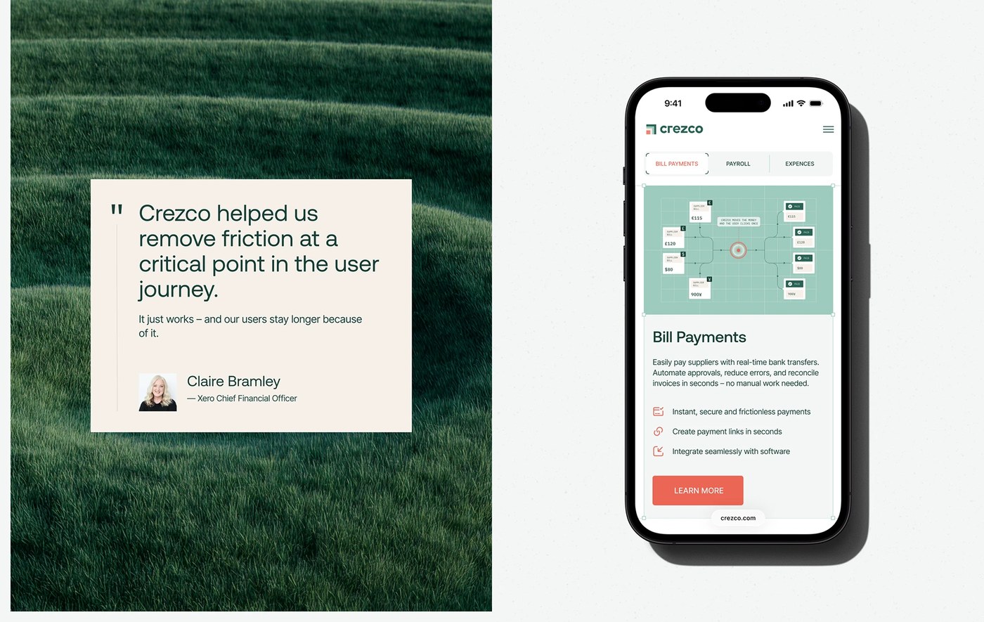 Crezco bill payments workflow diagram and customer quote in mobile ui/ux design by tubik studio