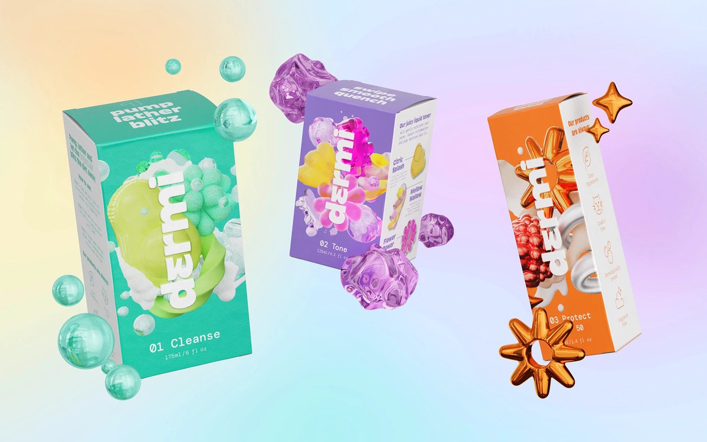 Dermi packaging design brand board featuring outer carton boxes and centered logo by Robot Food