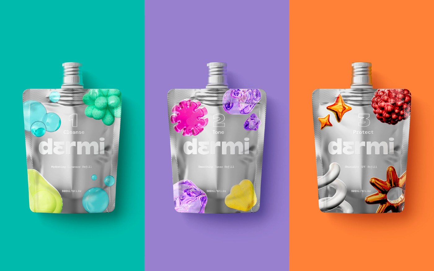 Dermi packaging design silver foil refill pouches for cleanser toner and SPF