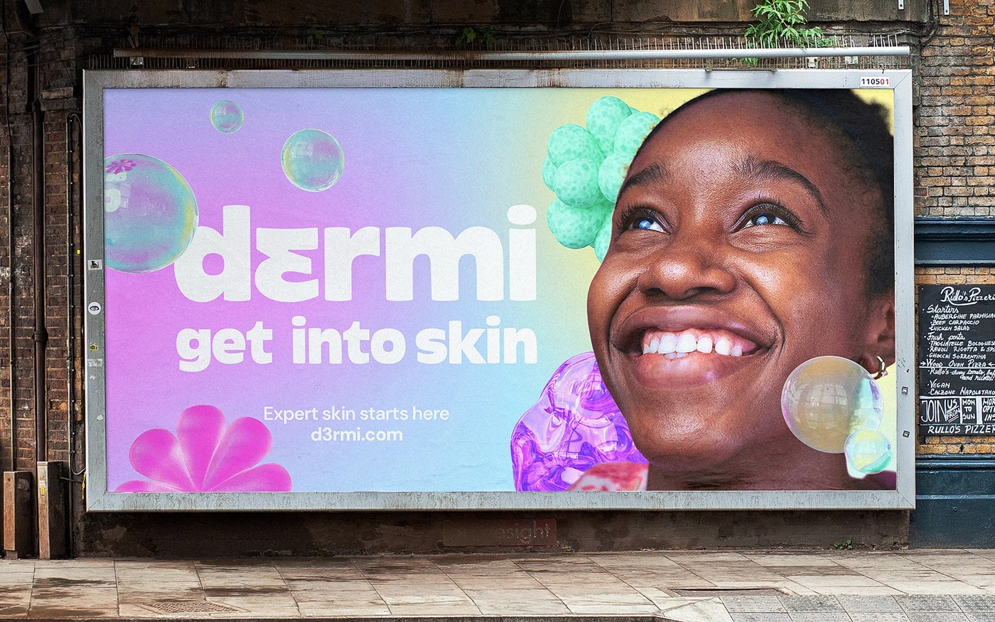 Dermi packaging design outdoor billboard campaign featuring tween portrait and typography