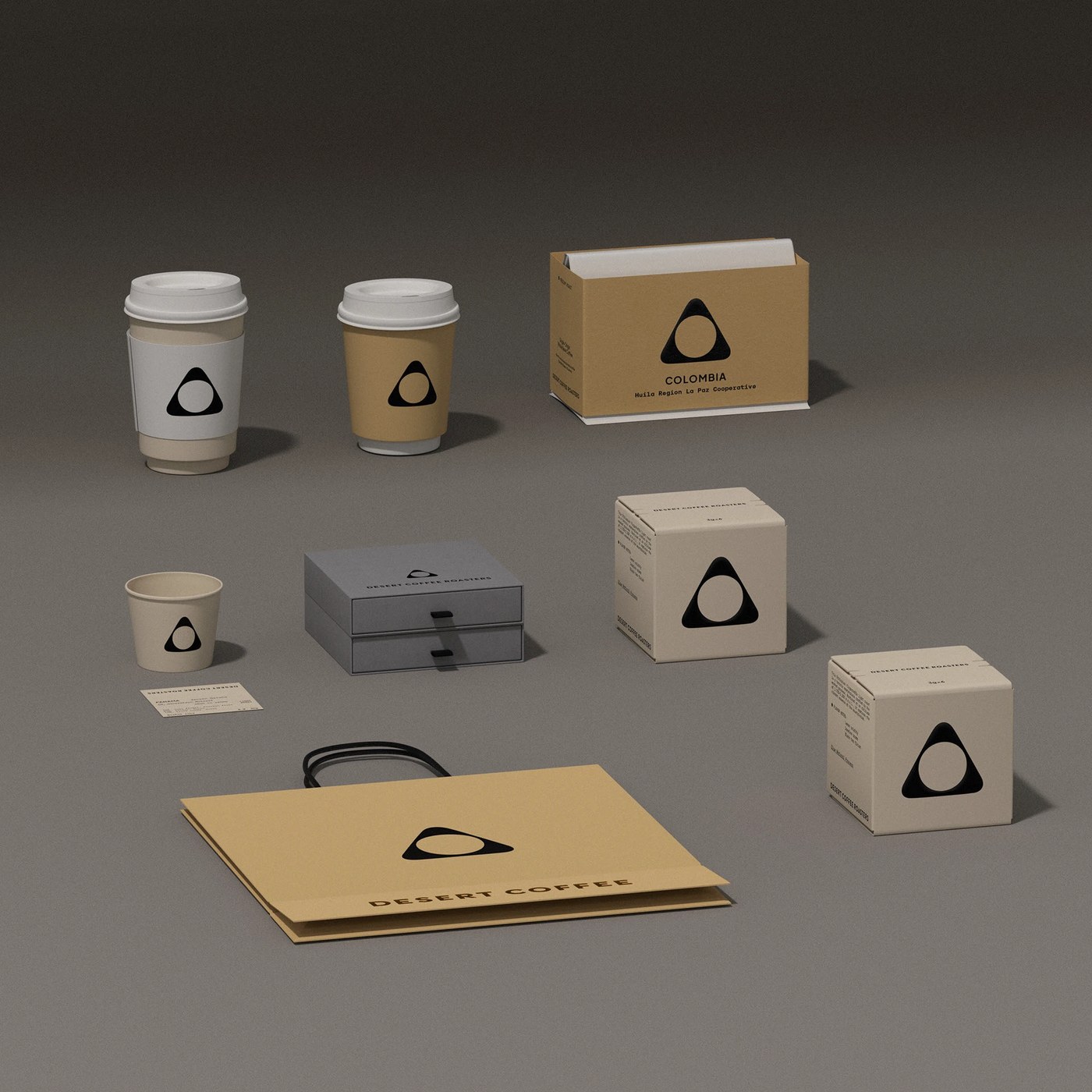 Desert Coffee Roasters complete knolled packaging and stationery suite branding