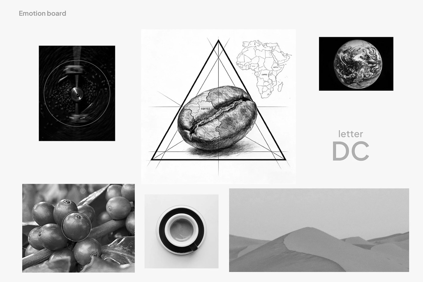 Concept moodboard and geometric derivation for Desert Coffee Roasters branding