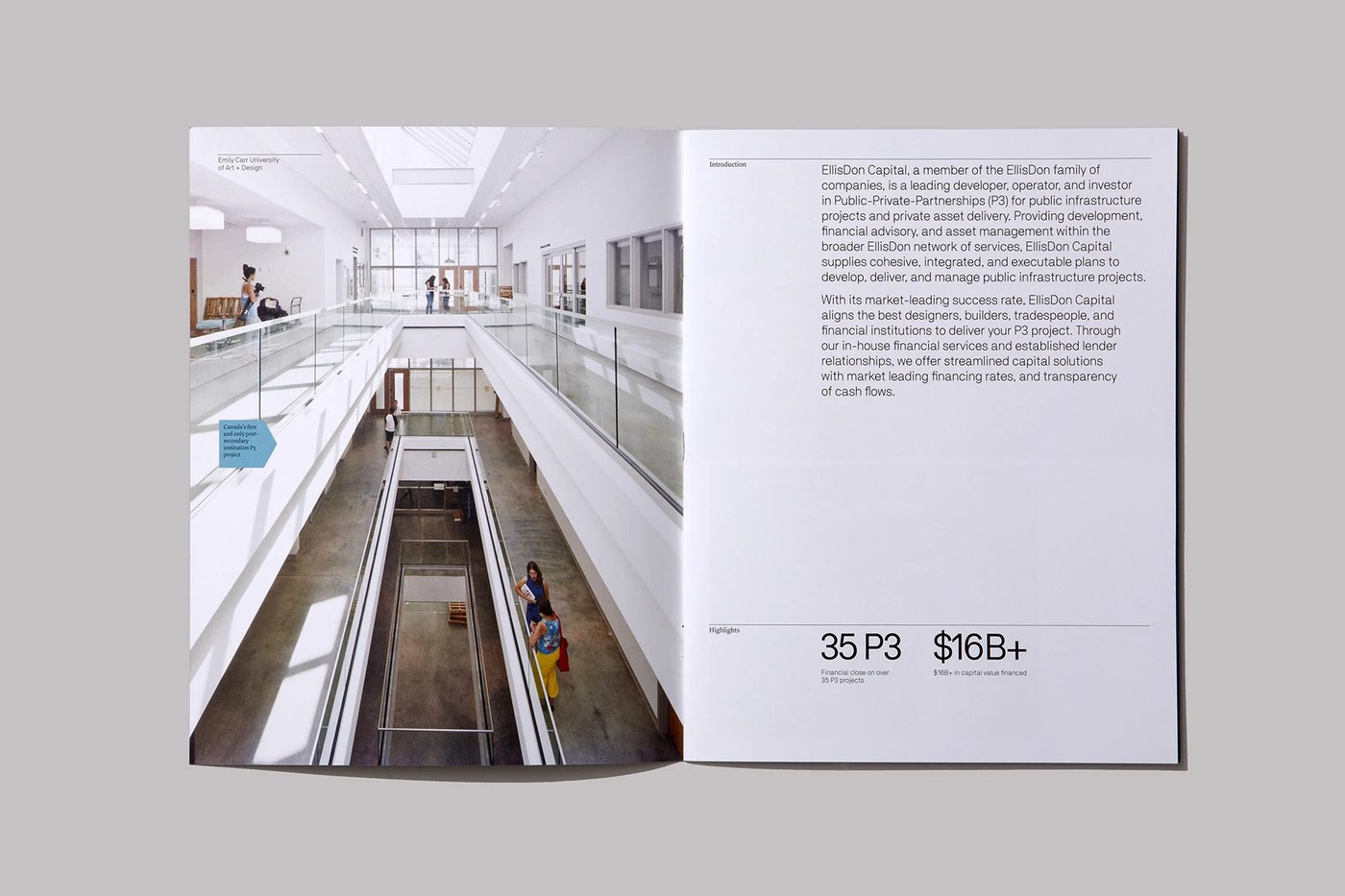 Emily Carr University interior architectural spread and statistics — branding design by Underline Studio