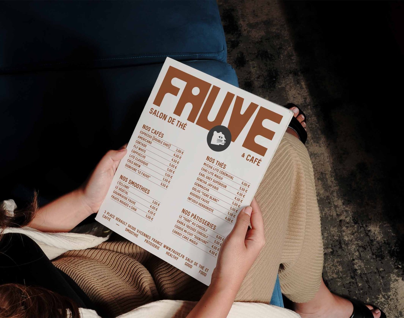 FAUVE brand identity printed menu card with geometric typography system