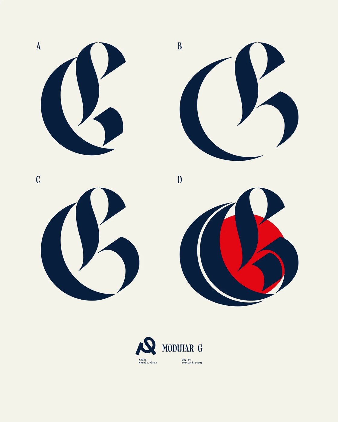 Modular G letterform typography specimen and grid construction study by Molnár Péter