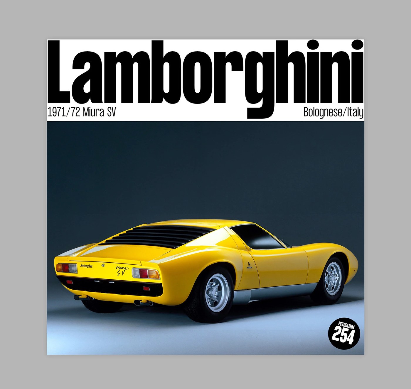 Automotive editorial poster layout featuring the Lamborghini Miura SV — typography by Pangram Pangram