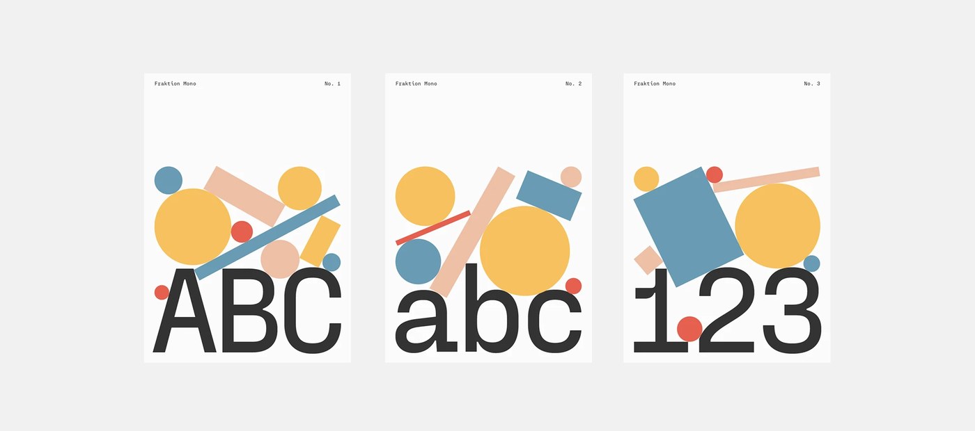 Modernist typographic poster trio featuring colorful geometric shapes and monospace characters