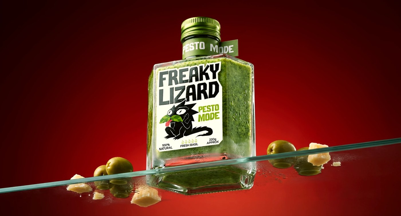 Green pesto bottle showing freaky lizard branding packaging yevheniia dutchak elements.