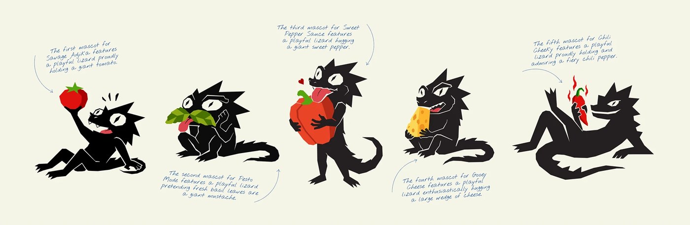 Five character graphics in freaky lizard branding packaging yevheniia dutchak.