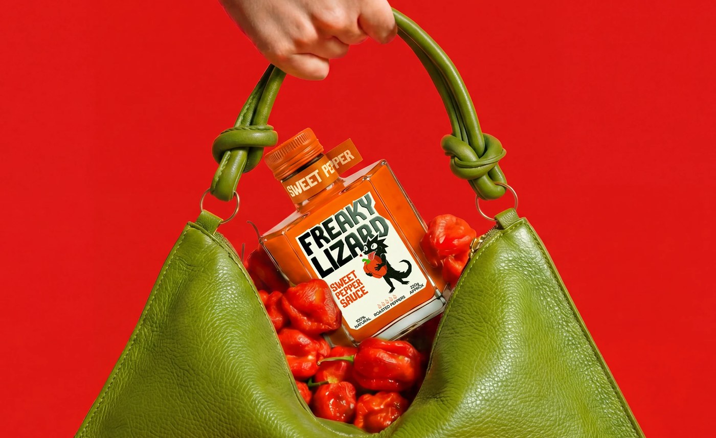 Sauce bottle inside bag for freaky lizard branding packaging yevheniia dutchak.