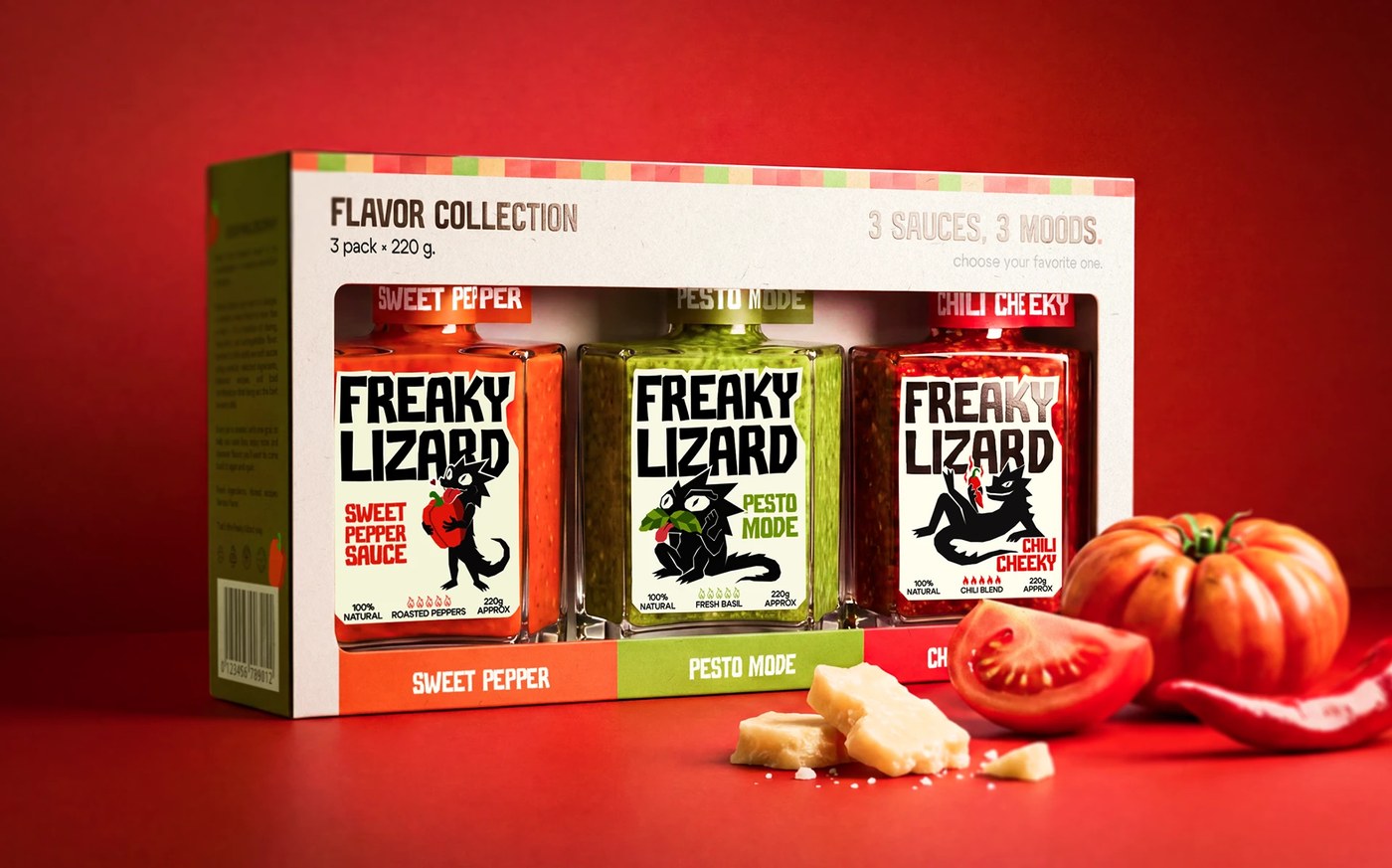 Three-pack box showcasing freaky lizard branding packaging yevheniia dutchak.