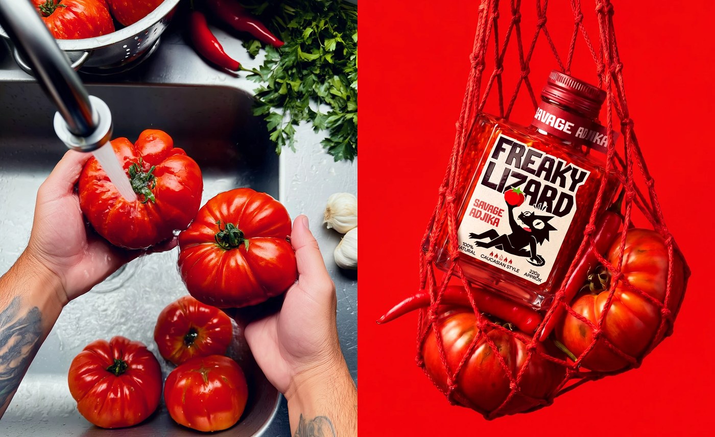 Red adjika sauce representing freaky lizard branding packaging yevheniia dutchak.