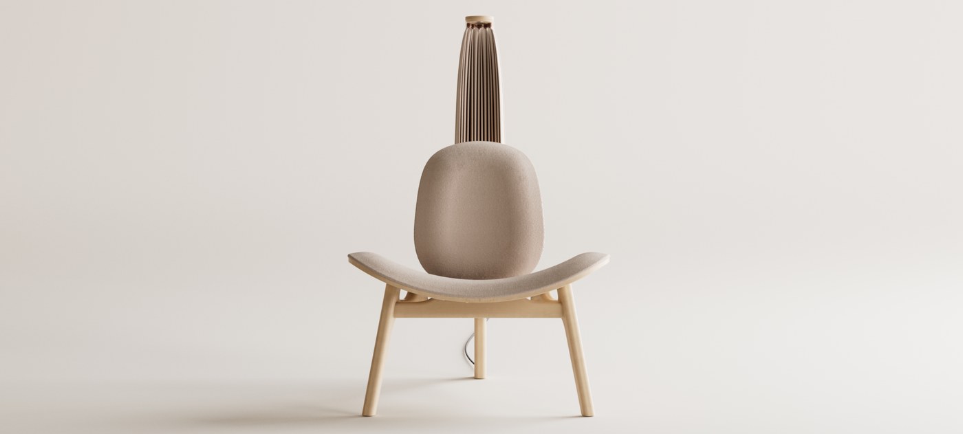 Shanti meditation chair front elevation showing curved wooden frame and folded canopy industrial design