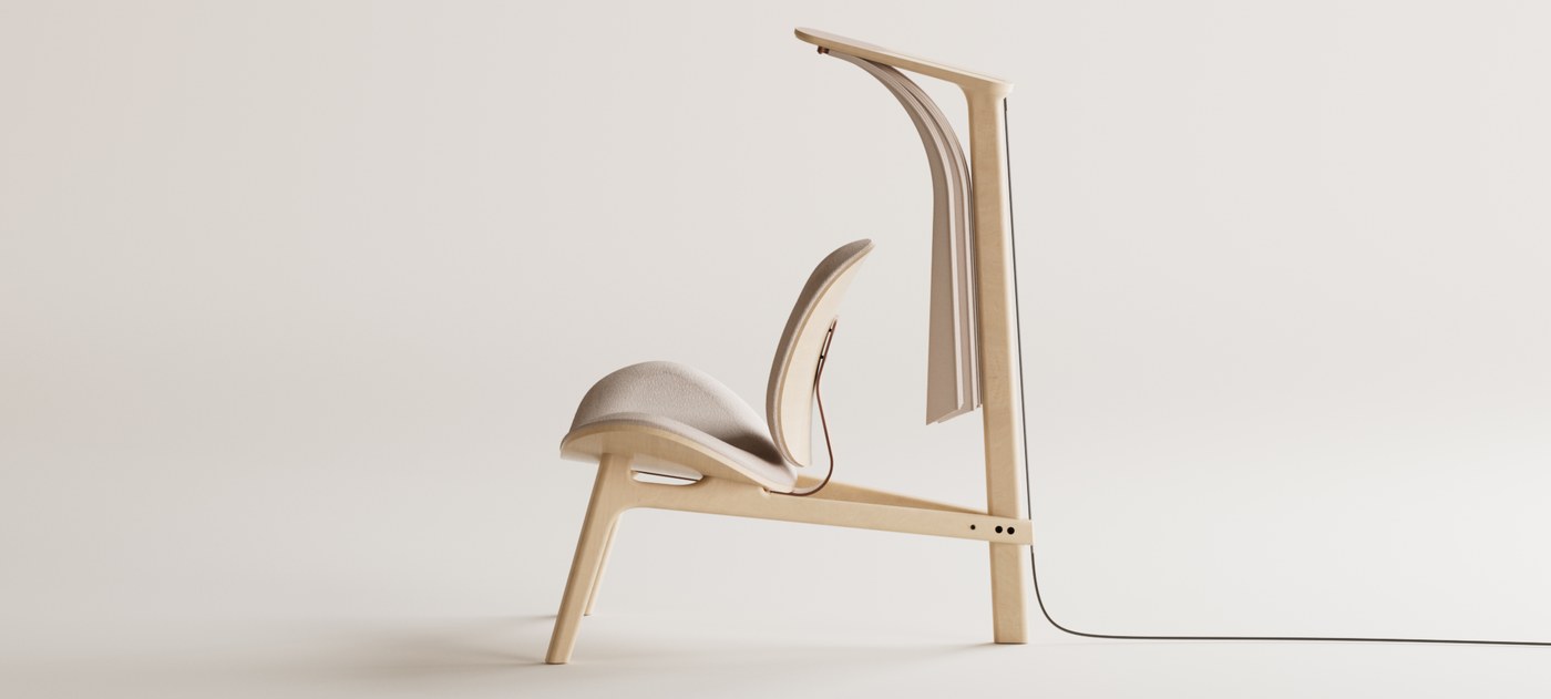 Shanti chair side profile highlighting cantilevered ash wood frame industrial design