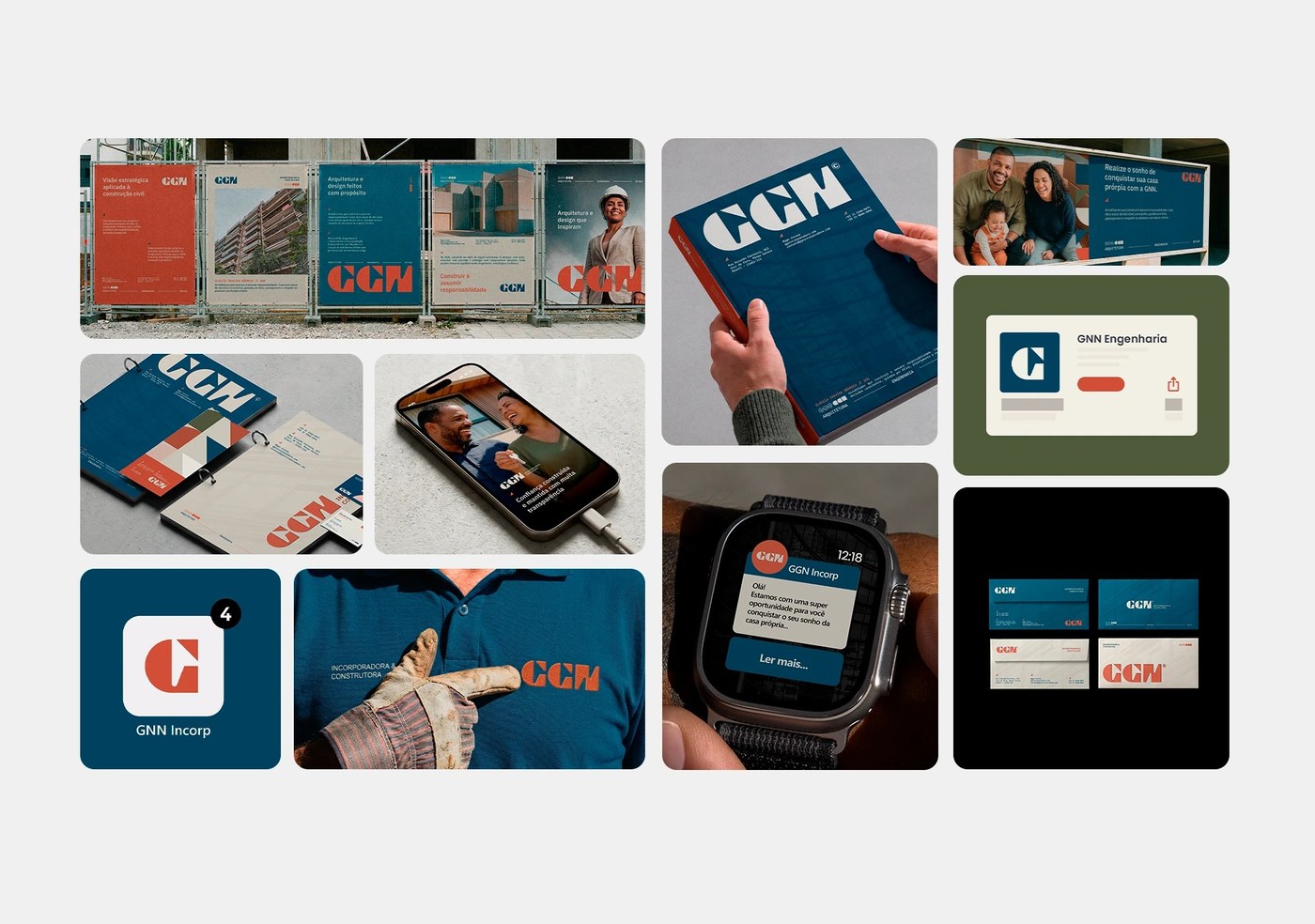 GGN brand identity overview board with stationery, mobile screens, and hard hats